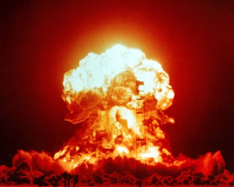 The BADGER explosion on April 18, 1953, as part of Operation Upshot-Knothole, at the Nevada Test Site. Photo courtesy of National Nuclear Security Administration / Nevada Site Office