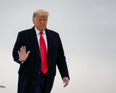 President Donald J. Trump disembarks Marine One at Valley International Airport in Harlingen, Texas, on Jan. 12, 2021, and boards Air Force One en route to Joint Base Andrews, Md. (Official White House Photo by Shealah Craighead). Public domain, uploaded on Flickr, January 13, 2021.