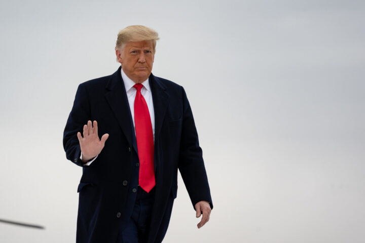 President Donald J. Trump disembarks Marine One at Valley International Airport in Harlingen, Texas, on Jan. 12, 2021, and boards Air Force One en route to Joint Base Andrews, Md. (Official White House Photo by Shealah Craighead). Public domain, uploaded on Flickr, January 13, 2021.