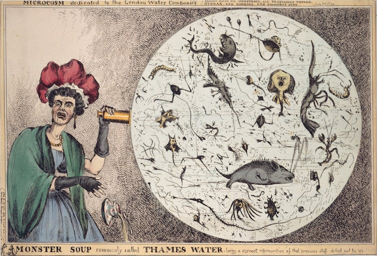 Monster Soup, an 1828 political cartoon by William Heath, shows a woman horrified by a magnified drop of Thames River water. Wellcome Images via Wikimedia