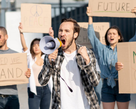 Group of people demonstrating for peace