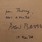 Signature of Roland Barthes with dedication to Thierry Gosset on Mythologies, Paris, Éditions du Seuil, 1957. Source: Wikimedia Commons