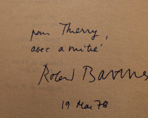 Signature of Roland Barthes with dedication to Thierry Gosset on Mythologies, Paris, Éditions du Seuil, 1957. Source: Wikimedia Commons