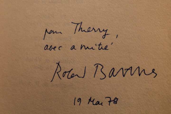 Signature of Roland Barthes with dedication to Thierry Gosset on Mythologies, Paris, Éditions du Seuil, 1957. Source: Wikimedia Commons