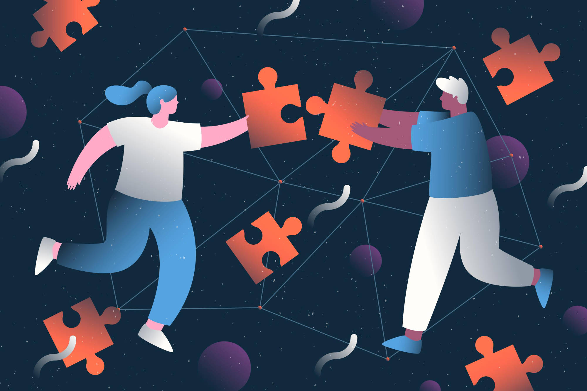 Concept of teamwork with people doing a puzzle.